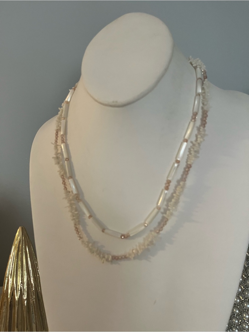 Classic White Shell and White Coral  Double Necklace sterling silver clasp.